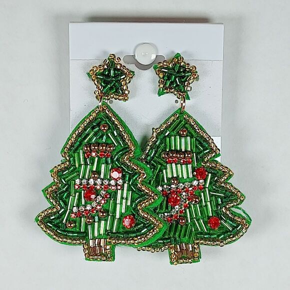 Handmade Beaded Xmas Holiday Seasonal Christmas Tree Post Earrings Multicolor - Picture 3 of 14
